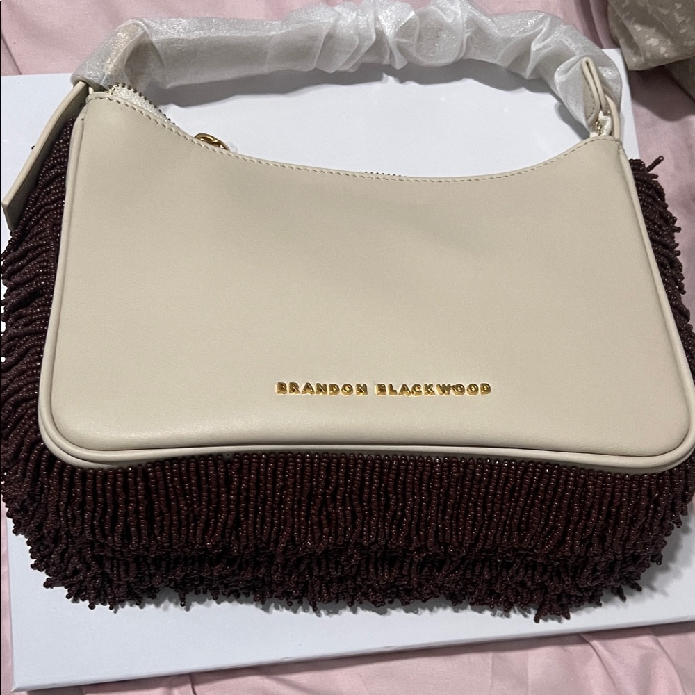 Brandon Blackwood Cream and Brown Textured Shoulder Bag